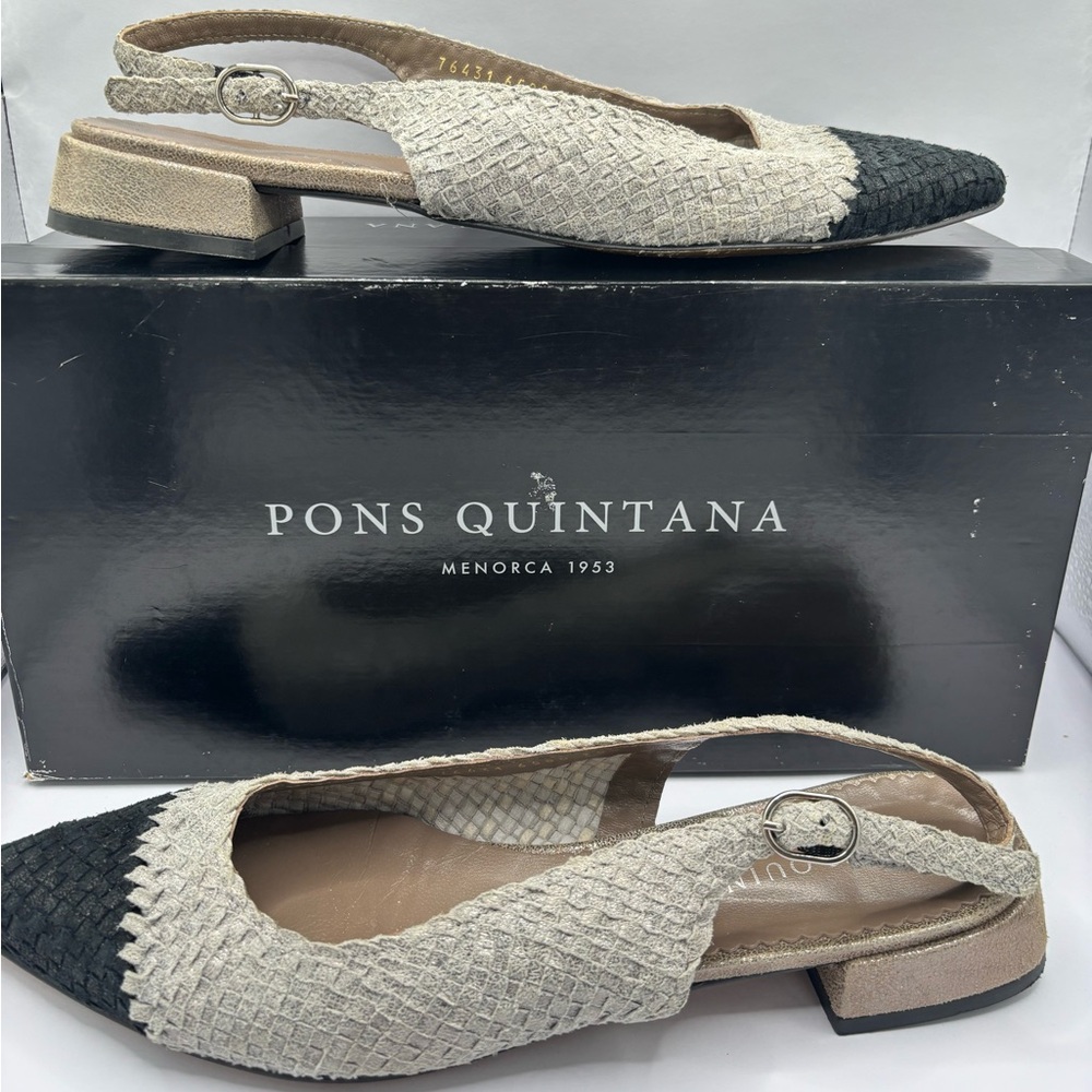 Pons Quintana Silver Grey Black Woven Leather Slingback Low Heel Shoe 9/9.5M